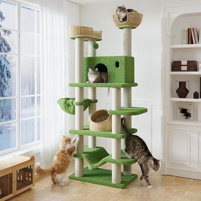 SHA CERLIN 82" Handmade Rattan Cat Tree Tower, Multi-Level Activity Center with Sisal Scratching Posts, Plush Condo, Wicker Perches & Hammock, Large Indoor Cat Playground, Green