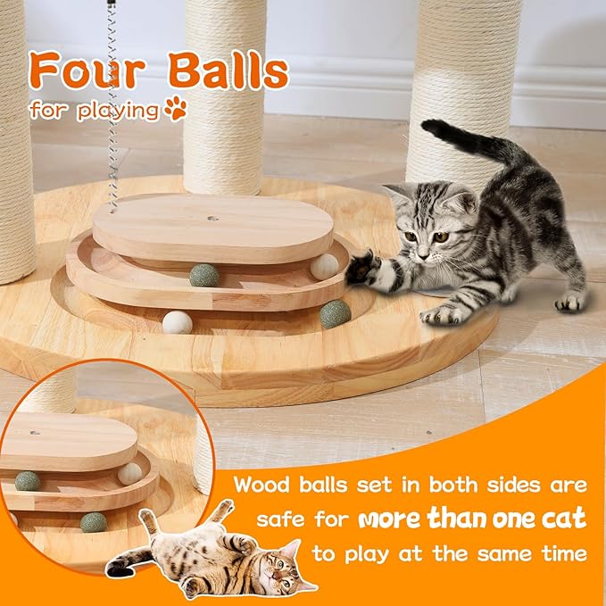 Cat Tree for Indoor Cats, 59'' Multi-Level Solid Wood Tower for Large Adult Cats, Heavy Duty Design with Sisal Scratching Posts, Teaser Wand, Hanging Plush Ball, Interactive Ball Track Base