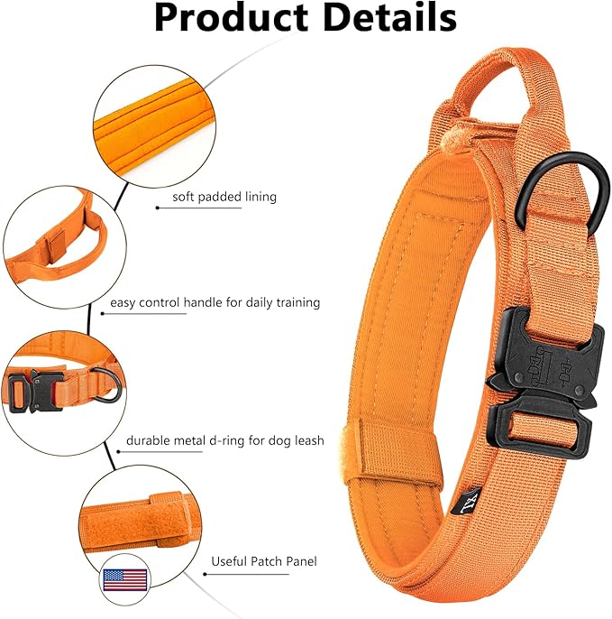 DAGANXI Tactical Dog Collar, Adjustable Military Training Nylon Dog Collar with Control Handle and Heavy Metal Buckle for Medium and Large Dogs, with Patches and Airtags Case (Orange-Set, M)