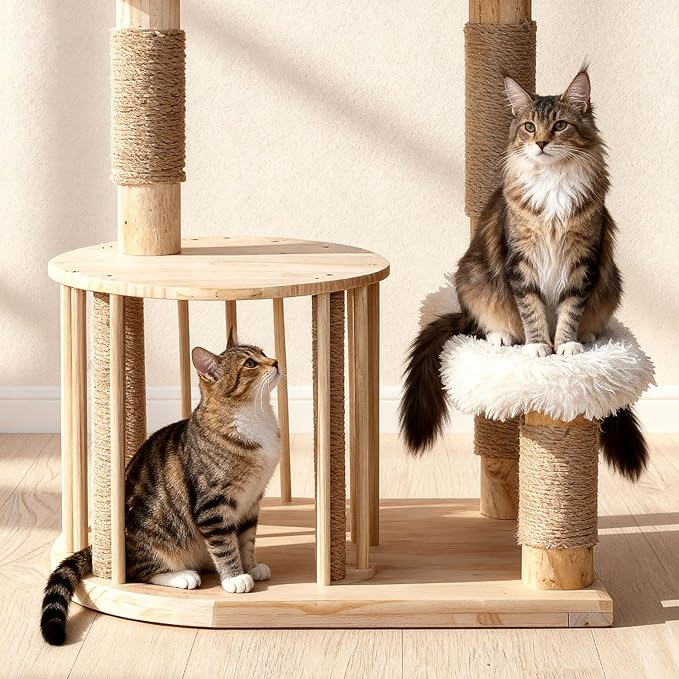 Cats Tree, 51" Modern Cat Tree Tower Natural Solid Wood Cat Furniture Luxury Condo & Dual Perches, Multi-Level Solid Wood Cat Tree Tower with Large Basket for Big Cats, White