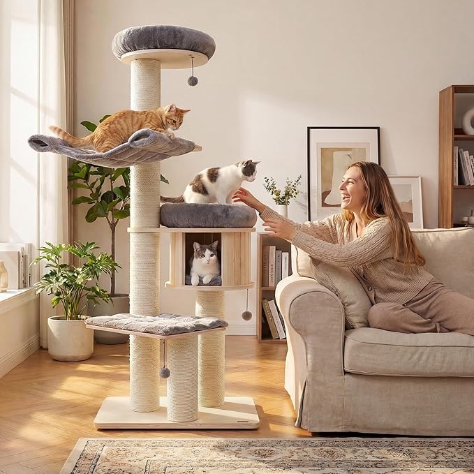 Tangkula Modern Cat Tree, Multi-Level Large Cat Tower with Condo, Hammocks & Hanging Basket, Tall Cat Tree with Sisal Posts, Washable Cushions, Wood Cat Trees and Towers for Indoor Large Cats