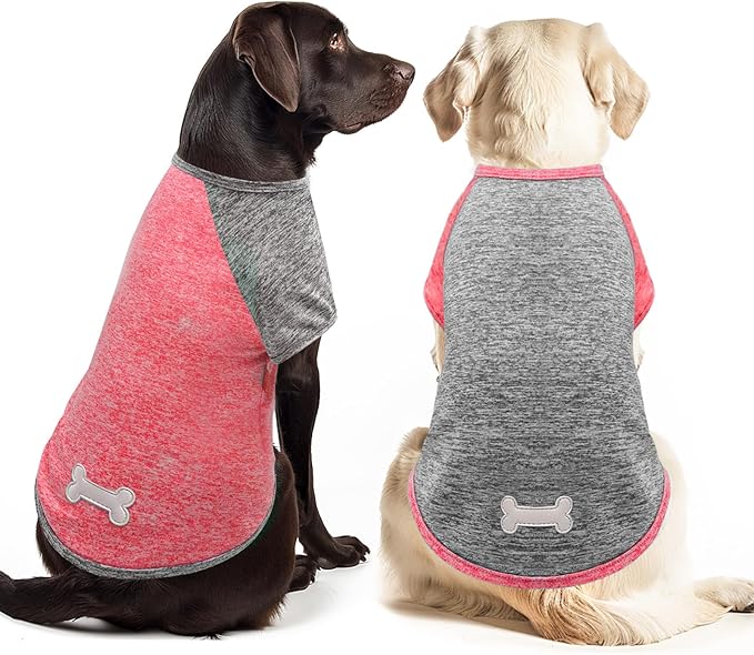 KYEESE 2Pack Dog Shirt with Sleeves, Lightweight Sun Protection Dog T Shirts for Medium Large Dogs, Breathable Pet Tank Top Reflective Dogs Clothes for Summer Outdoor Walking, Coral Red+Grey, 2XL