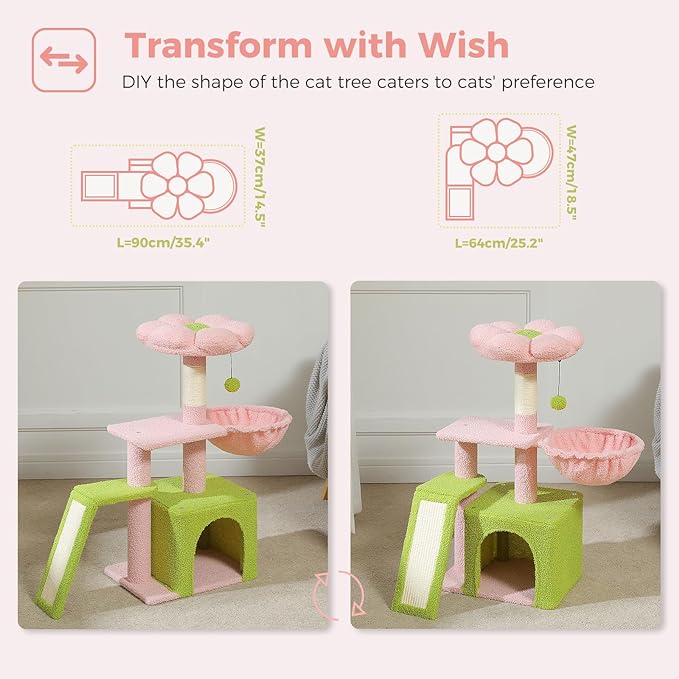 PETEPELA Flower Cat Tree for Indoor Cats, 32'' Small Cat Tower Cat Condo with Sisal Scratching Ramp, Cozy Hammock and Removable Flower Bed Perch for Kittens, Pink
