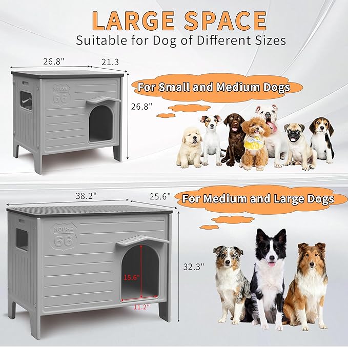 Large Dog House Outdoor with Dog Mat Weatherpoof Plastic Dogs Houses Indoor Waterproof Stray/Pet Dog Shelter Outside for Large and Medium Dogs