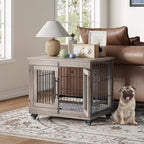 Dog Crate Furniture with Cushion, Wooden Dog Kennel Indoor with Double Doors, Dog Cage with Wheels, Dog House Side End Table for Small Dogs up to 30 lb, 27.2" L, Grey