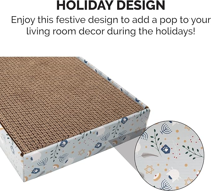 Furhaven Scratching Board w/ Catnip for Indoor Cats, Reversible - Holiday Corrugated Scratcher Pad - Hanukkah Print, One Size