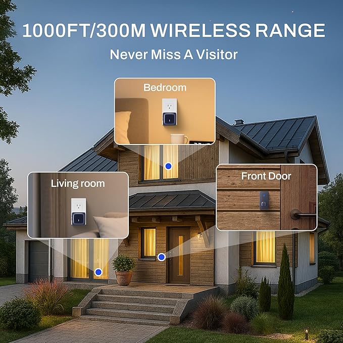 BN-LINK Wireless Doorbell with 2 Buttons, Mini Waterproof Door Bell Easy Installation, 1000Ft Range, Adjustable Volume & 58 Chimes, LED Flash, Perfect for Homes, Offices, Apartments (Black)