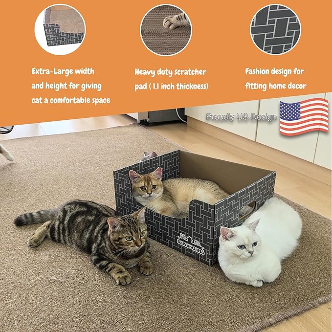 Extra Large Cat Scratch Box Cardboard Cats Scratcher with Bigger Space Double-Sided Scratching Boxes Refillable Pad Easy to Clean Scratchers for Indoor Cats (Grey 3 pcs Pads)
