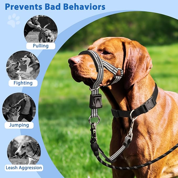 BARKLESS No Pull Dog Head Collar for Gentle Training Walking, Soft Padded Head Halter with Collar Safety Clip, Comfortable Fit Muzzle Leash with Reflective Strap for Medium Large Dog (Grey, M)