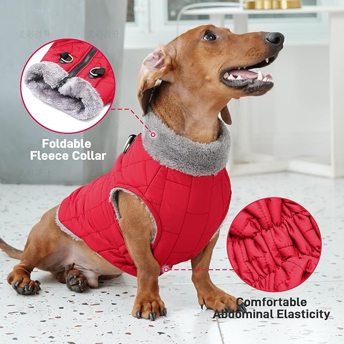 Warm Fleece Dog Coats with Durable Harness Buitl in D-Ring,Waterproof Doggie Jacket for Large Dogs,Dog Vest for Cold Winter,Red XXL