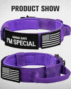 Joytale Tactical Dog Collar with Handle and Metal Buckle, Heavy Duty Padded Military Collar with 2 Patches for Training, Adjustable for XLarge Dogs, Purple, XL