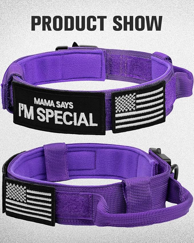Joytale Tactical Dog Collar with Handle and Metal Buckle, Heavy Duty Padded Military Collar with 2 Patches for Training, Adjustable for Large Dogs, Purple, L