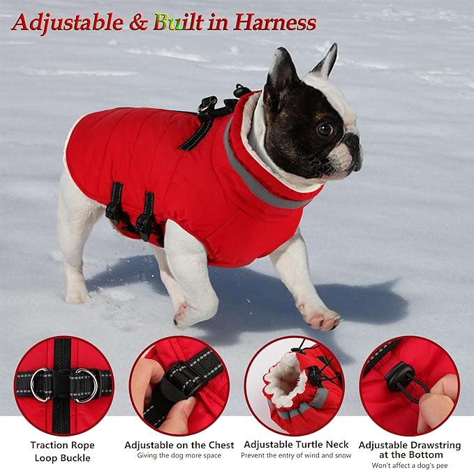 Dogcheer Dog Coat with Harness, Waterproof Dog Jacket Adjustable Pet Winter Coat with Zipper, Christmas Puppy Snow Jacket Fleece Sweater for Small Medium Large Dogs - Red M