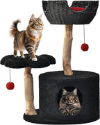 Easyego Modern Cat Tree, 35.5" Aesthetic Wood Cat Tree Tower for Large Cats, Luxury Cat Condo with Scratching Posts and Flower Platforms, Cat Furniture, Black