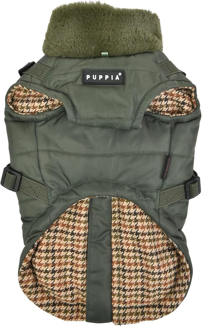 Puppia Donavan Winter Dog Coat with Integrated Harness No Pull Cold Weather Waterproof Warm Fleece Back Zipper for Small & Medium Dog, Khaki, X-Large
