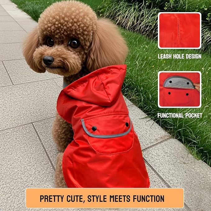 Dog Raincoat Rain Jacket for Puppy Small Dogs Waterproof Pet Clothes Reflective Poncho Rainwear Winter Warm Lined Pocket Hooded Leash Hole Adjustable,Red,XS,Back Length 6.7 Inch