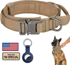 DAGANXI Tactical Dog Collar, Adjustable Military Training Nylon Dog Collar with Control Handle and Heavy Metal Buckle for Medium and Large Dogs, with Patches and Airtags Case (L, Brown)