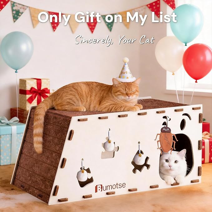 Felt Cat Cave House for Indoor Cats with Catnip Toy, Large Cat Bed Tunnel for Scratching Play, No-Tool Assemble Warm Silent Cat House for Large Cats Up to 22lb, Durable and Washable, Cream