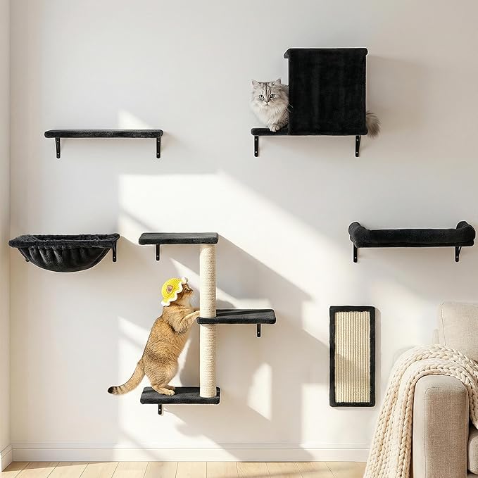 Heavy Duty Cat Wall Shelves for Large Cats, 6-in-1 Cat Furniture Set with 17" × 11.9" Large Perch Bed and Hammock, Cat Climbing Wall Systems with Vertical Cat Scratcher