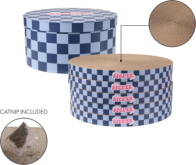 CSR1012H Kate 12 Inch Cardboard Cat Scratcher Pads with Box & Catnip, Reversible Heavy-Duty Scratch Boards for Cats, Furniture Protection, Modern Checker Pattern, Navy/Blue, 5-Pack