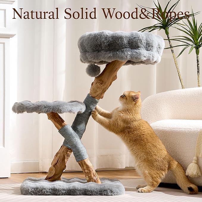 HITTITE Natural Wood Cat Tree Tower with Scratching Post, 32 Inches Tall Modern Cat Tower with Cozy Bed and Platforms, Luxury Real Branch Cat Tree for Indoor Cats Large Adult, Grey.