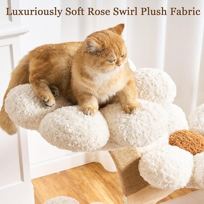 Modern Cat Tree Tower for Indoor Cats Large Adult, 37 inch Flower Cat Tree with Scratching Post, Luxury Aesthetic Cat Tree with Cloud-Soft Flower Perches and Physical Mouse-Sound Hanging Toy