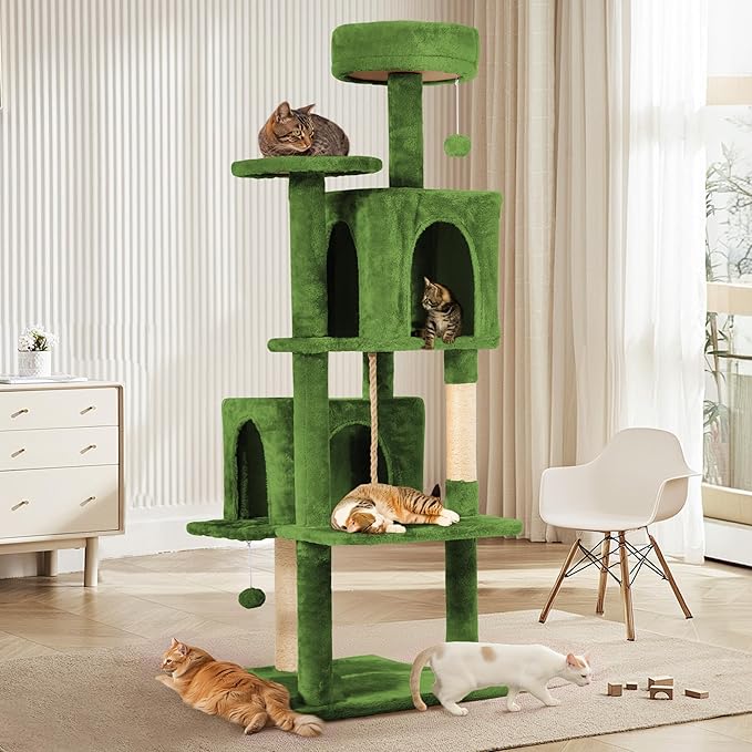58.5inch Large Cat Tree Tower Condo for Indoor Cats, Soft Plush Multi-Level Climbing Tree Cat House with Cat Cave, Scratching Post, More Entrance/Exit, Sisal Rope, Green