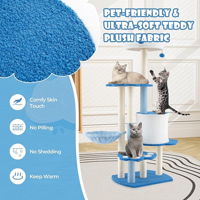 Tangkula Cat Tree Tower, 54 Inch Tall Cat Tree with Cat Condo, Hammock, Dangling Ball, Plush Fabric Top Perch, Cute Cat Tower with Sisal Scratching Post for Indoor Cats Large Adult