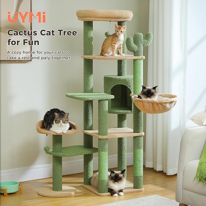 Cactus Cat Tree for Large Cats, 59" Tall Cat Tower with Spacious Condo, Large Hammock, Scratching Posts and 2 Perches, Sturdy Play House for Indoor Cats, Green