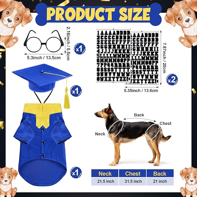 5 Pcs Dog Graduation Costume Set Include 2026 Pet Graduation Gown with Stole Puppy Grad Cap Lensless Glasses DIY Letter Stickers for Dogs Cats Holiday Costume Accessory(Blue Yellow,XL)
