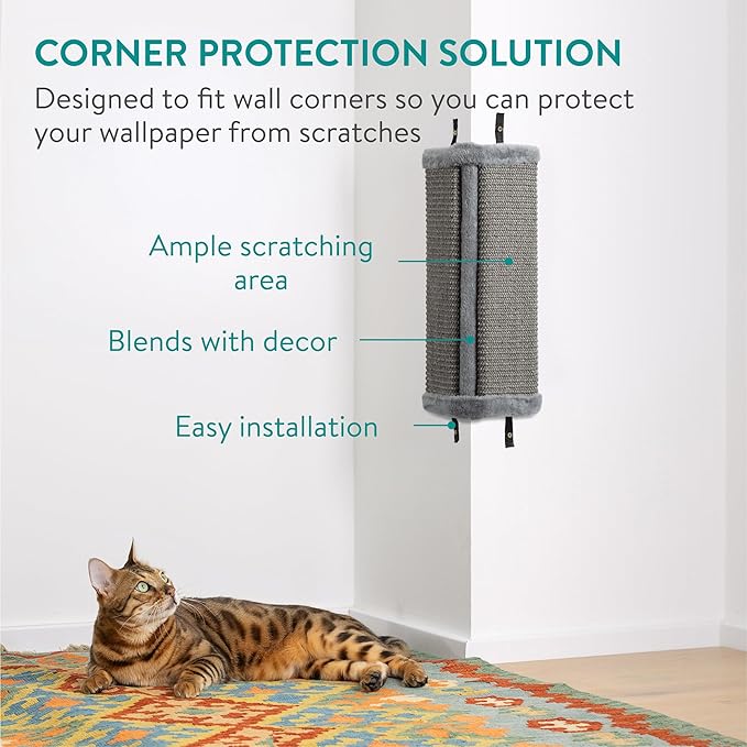 Navaris Wall Mounted Cat Corner Scratcher, Set of 2, Grey - Durable Sisal Cat Scratching Essentials - 4 Nylon Straps for Secure Wall Mounting - Protect Wallpaper and Corners