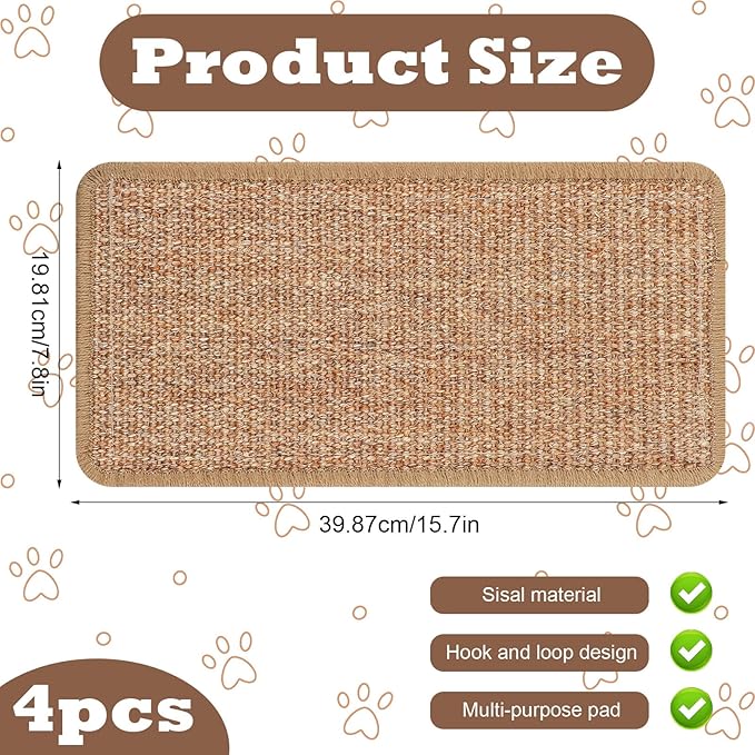 4 Pcs Cat Scratcher Mat Sisal Cat Scratching Pad Scratch Mat for Cat with Adhesive Loop Tape Cat Scratch Pad Rug for Protect Wall Couch Window Perch Cat Wall Furniture Cat Shelves, 15.7x7.8 in