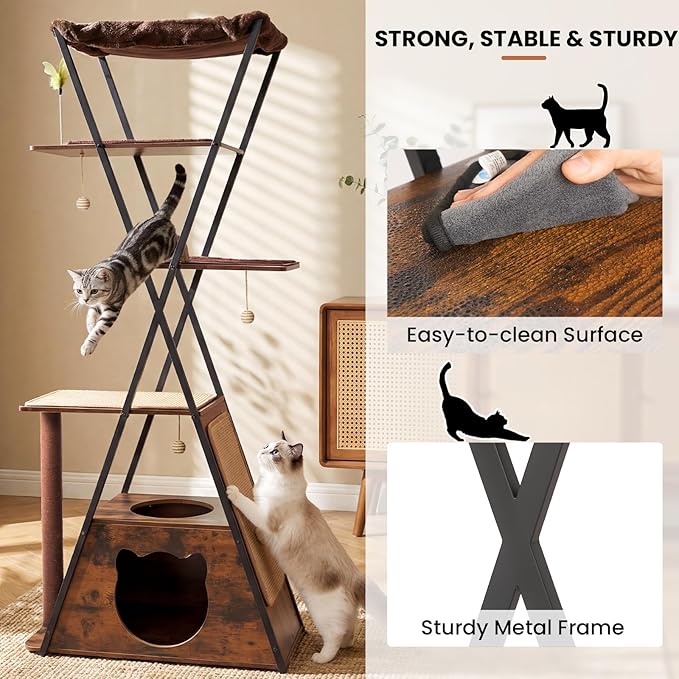 71" Modern Wood Cat Tree for Large Cats - Heavy Duty Tall Cat Tower for Indoor Cats, Multi-Level Cat Furniture with Spacious Condo, Large Perch, Scratching Posts & Hammock (Burnt Wood)