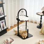 Modern Cat Tree, Wood Cat Tower with Steel Frame, Scratching Posts, Cat Capsule, Plush Mat, Bell Dangling Toy, Aesthetic Minimalist Heavy-Duty Cat Climbing Tree for Large Indoor Adult Cats-Black