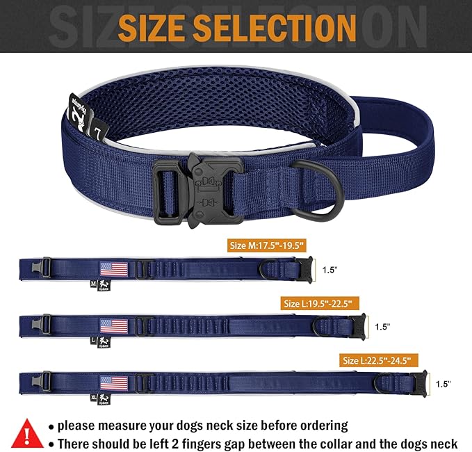HYDEME Tactical Dog Collar, Alpine Loop Adjustable Military Training Nylon Dog Collars with Handle and Reflective for Small Medium Large Dogs, with Airtags Protective Case & Patches.(M,Deepblue)