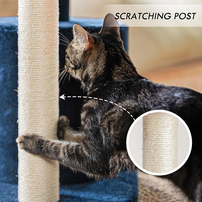 ClevaHome 33.5" Small Cat Tree Tower for Indoor Cats, Modern Kitten Condo with Sisal Scratching Post and Hanging Ball for Play, Denim Blue