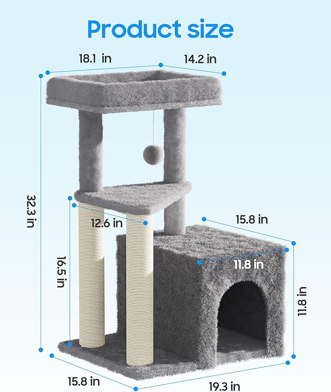 Cat Tree Tower for Indoor Cats, 33 Inches Multi-Level Cat Condo with Scratching Posts, Large Perch, Hanging Toy for Large Adult Cats, Gray