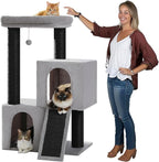 Cat Tree for Indoor Cats Adult, 45-Inch Heavy Duty Cat Tower with Sisal Scratching Ramp, 2 Cat Condo for Extra Large Cats, Big Top Perch, 3 Thick Black Scratching Posts (φ4.3) -Gray