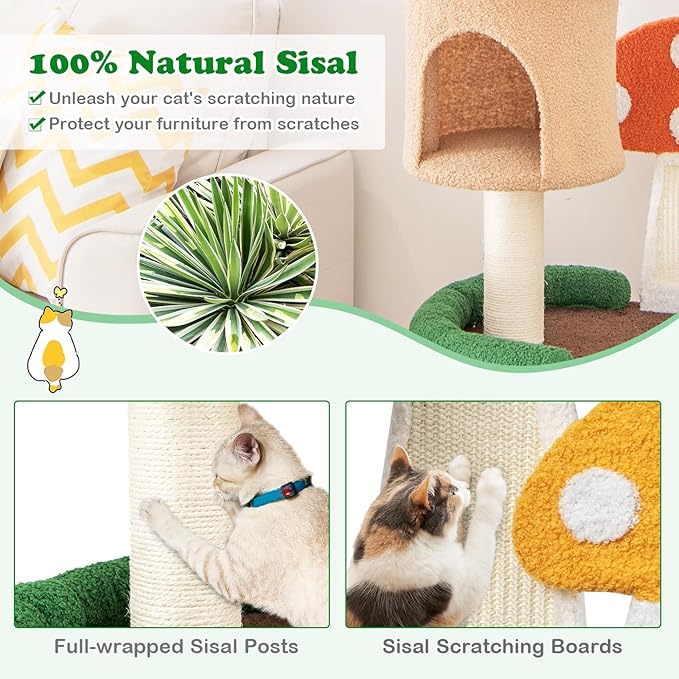 Mushroom Cat Tree, Multi-Layer Cat Tower with 2 Condos & Platforms, Cat Activity Center with Full-Wrapped Sisal Posts, Sisal Scratching Boards & Interactive Balls for Indoors (40.5")