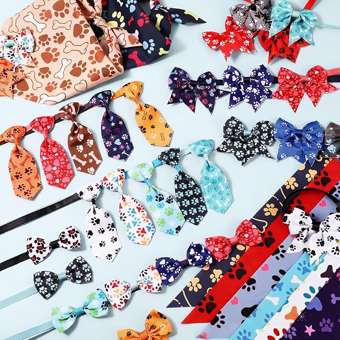 Reginary 120 Pcs Paw Print and Heart Dog Bandanas Bulk Dog Bows Set Bow Ties Cat Scarf Colorful Washable Triangle Pet Kerchief Cute Bib for Summer Small Medium Large Pets Grooming Accessories Costume