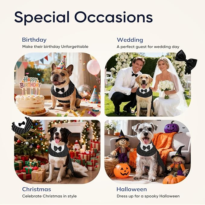 Supet Dog Tuxedo and Bandana Set with Bow Tie, Formal Outfit for Wedding Birthday Party Graduation Valentines, Pet Suit Clothes for Large Medium Small Dogs (Striped, XL)
