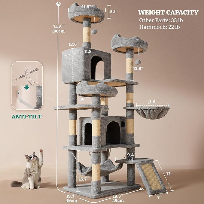YITAHOME 75-Inch Tall Cat Tree Indoor: Multi-Level Kitten Tower with Kitty Condos, Top Perches, Sisal Ramp, Scratching Posts & Cozy Basket Hammocks Pet Play House Light Gray