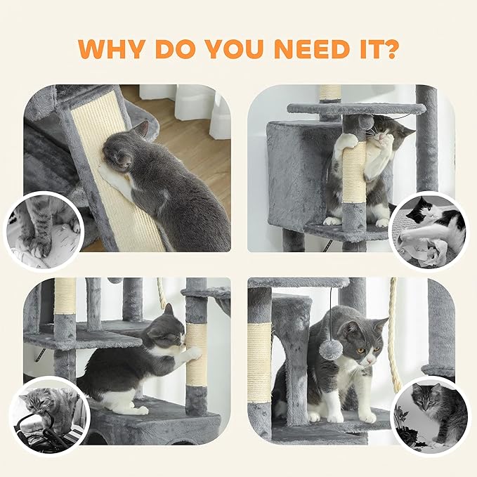 68" Tall Cat Tree Multi-Level Cat Tower for Indoor Cats with Cat Condo, Hanging Basket, Sisal Scratching Posts, Plush Balls and Hammock for Small Large Cats (Dark Gray)