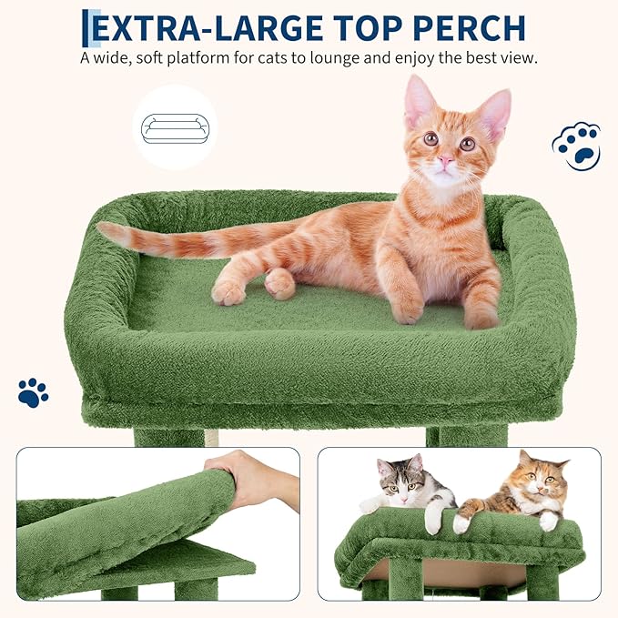 Green 61" Heavy Duty Cat Tree for Large Indoor Cats & Maine Coon, Fresh Multi-Level Cat Tower with Extra Large Perch, 2 Spacious Condos, Natural Sisal Scratching Posts & Interactive Toys
