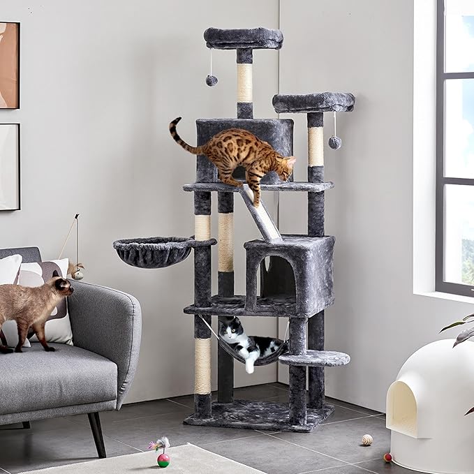 Yaheetech Cat Tree, 71.5in Cat Tower for Indoor Cats, Cat Tree with 2 Cozy Condos, 2 Padded Perches, Scratching Posts & Ramp, Hammock, Cat House Activity Center, Dark Gray