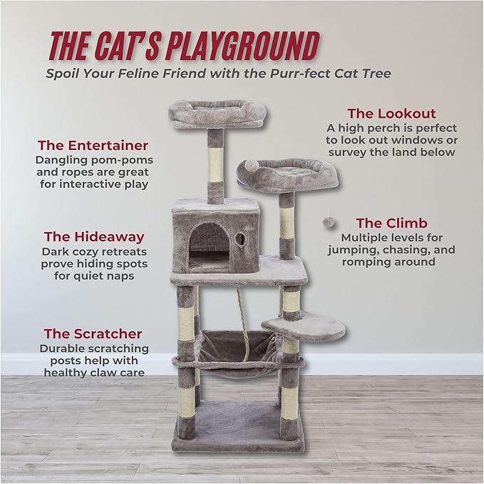 Trixie Eduardo Cat Tree – Cat Tower with Jute & Plush Posts, Condo, Hammock & Toys – Durable Cat Furniture for Indoor Cats – Gray, 21.7" x 17.7" x 57.1"
