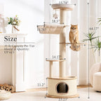 797Audio Modern Wood Cat Tree Tower, 64" Cat Tree with Sisal Scratching Posts, Condo, Capsule, Hammock for Indoor Cats, Solid Rubber Wooden Cat Tree, Multi-Level Tree for Large Adult Cat