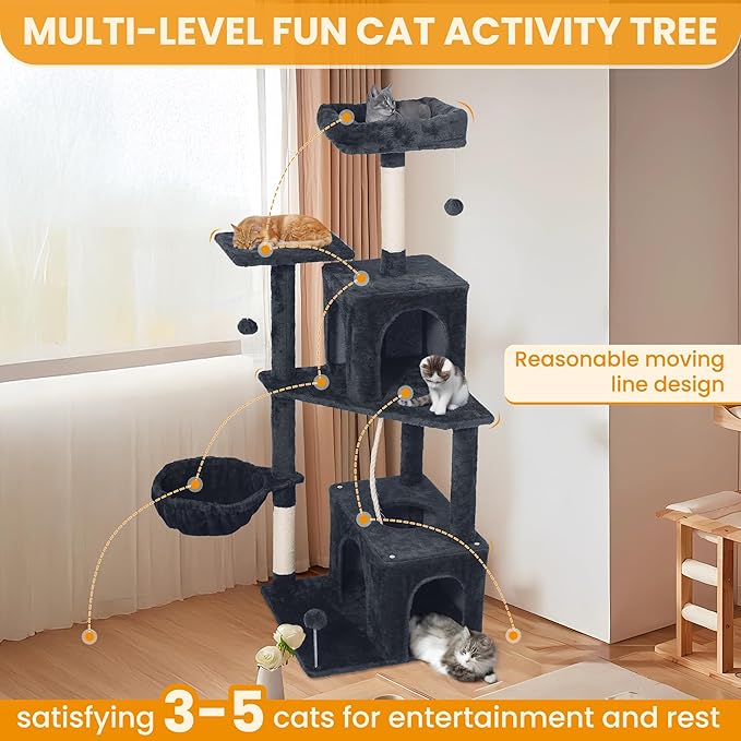 Cat Tree, 54-Inch Cat Tower for Indoor Cats,Plush Multi-Level Cat Condo with Scratching Posts, Basket, Perches,2 Caves,2 Pompoms(Dark Gray)