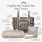 Cleverpup Transit Tote Dog Carrier for Small Dogs up to 8 lbs, 16x11x8 Soft-Sided 4-Pc Set with Waterproof Base, Plush Insert, Food Pouch, Mesh Head Opening - Small, Leopard