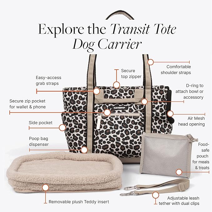 Cleverpup Transit Tote Dog Carrier for Small Dogs up to 8 lbs, 16x11x8 Soft-Sided 4-Pc Set with Waterproof Base, Plush Insert, Food Pouch, Mesh Head Opening - Small, Leopard
